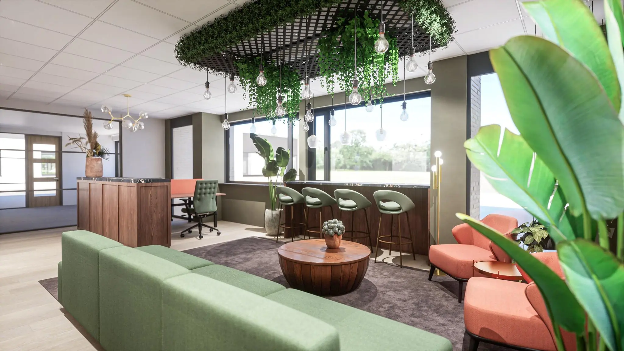 Modern ingerichte wachtruimte in het gemeentehuis aan de Burgemeester Verderlaan met groene en oranje zitmeubels, veel planten en hanglampen.